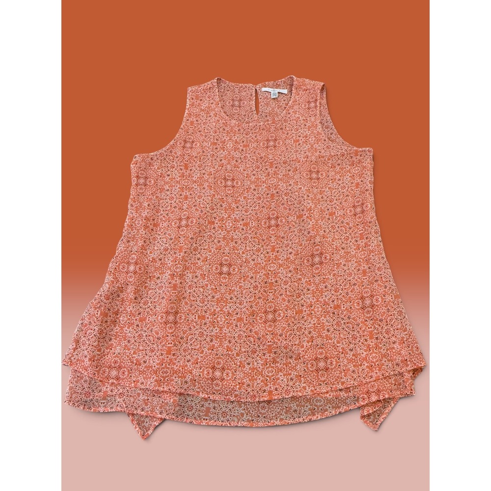 Fever Womens XL Coral Orange Medallion Print Sleeveless Sharkbite Hem Blouse
